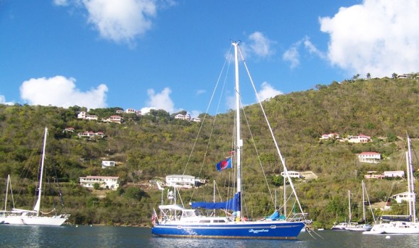 Dragonsbane on a mooring  in Soper's Hole Tortola