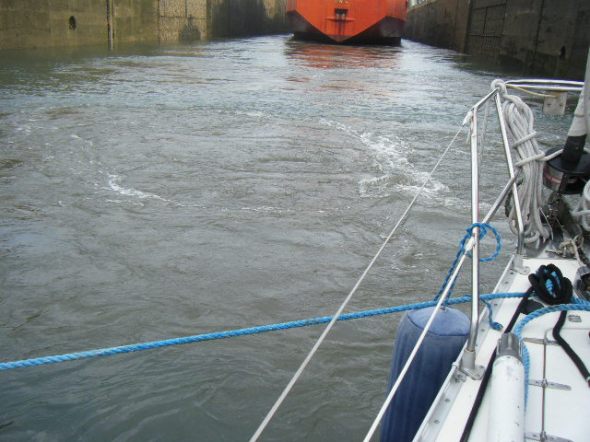 The water rushing into the locks to raise us up to the next lock of 3