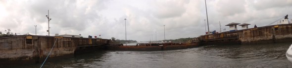 The lock has finished filling and I am now 50 feet higher looking out over the Caribbean  Sea 