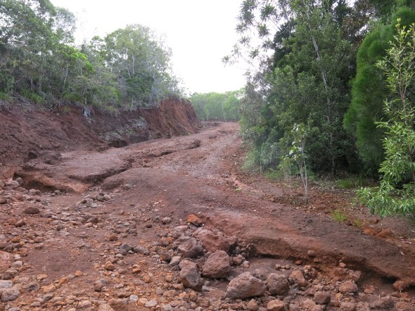 After a few hours the trail leading us away from the ocean to the old mining waste lands became iron red and slick.