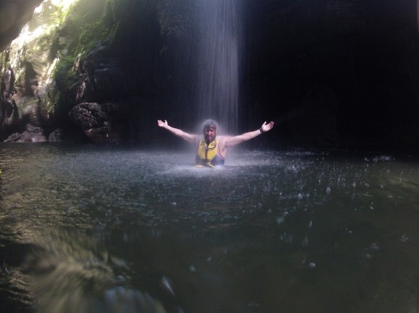 Cary even took a waterfall shower, no mud left on him. 