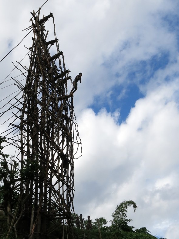 Off he goes to see if the vines will hold. 