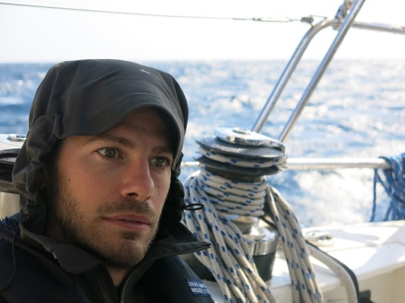 Ben watching the waves and swell in 30 plus knots. Loving it! 